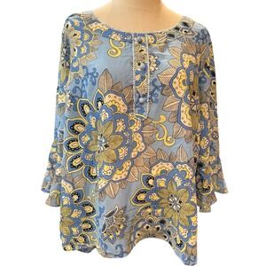 Avenue Womens Plus Size 22/24 Blue Floral Mandala Bell Sleeve Tunic Top